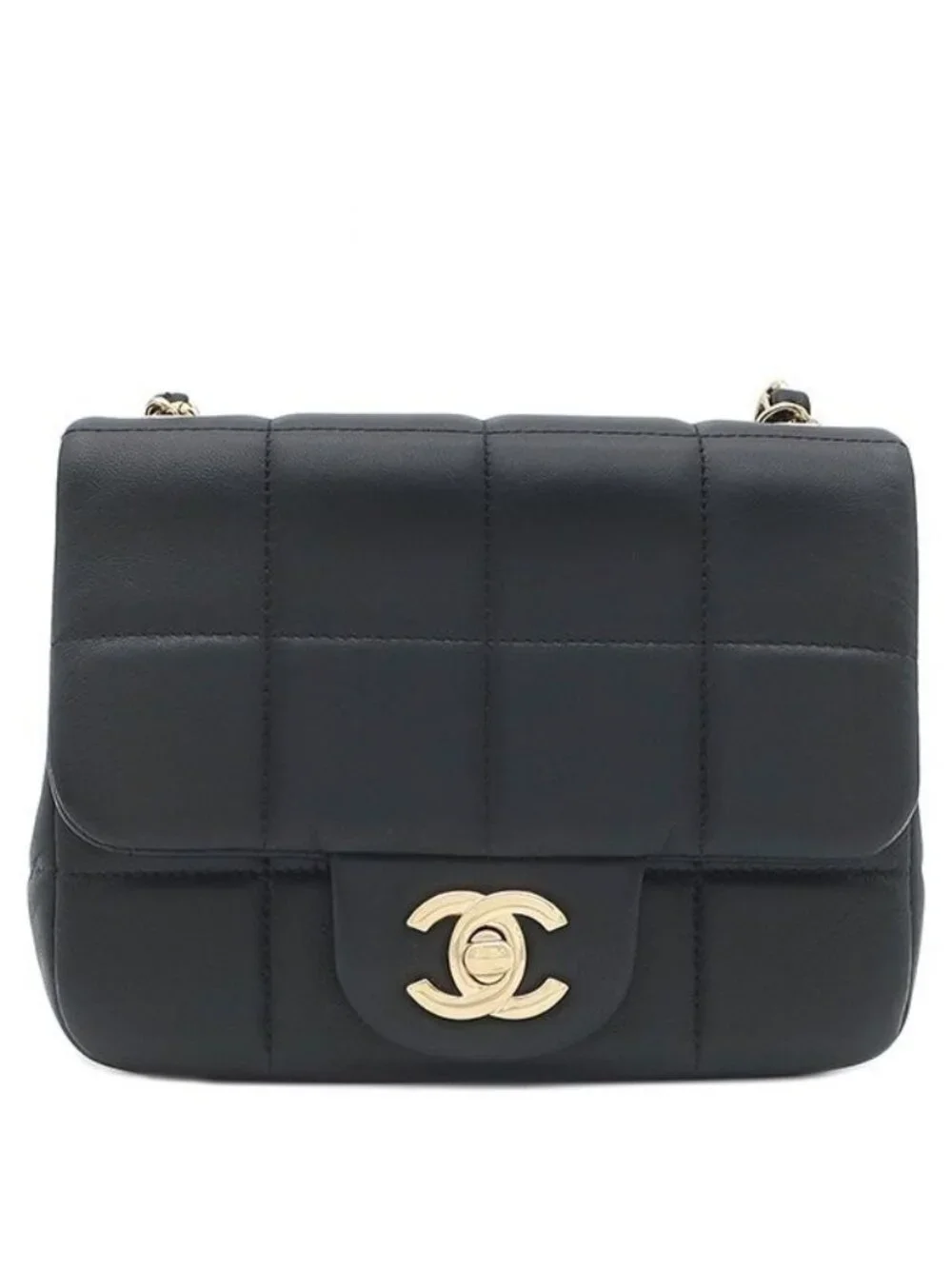 Chanel Shoulder Bag Choco Bar Mini Chain Lambskin Black Gold CC Logo Cube